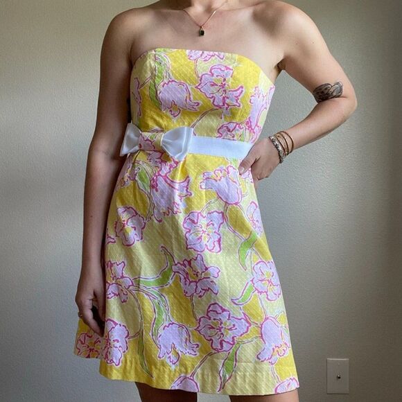 Lilly Pulitzer Strapless Y2K Cotton Yellow Floral Mini Bow Summer Dress Sz 2 - Picture 8 of 10
